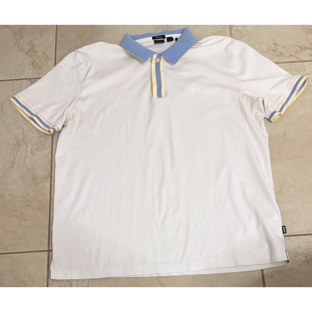 Hugo Boss Mens XL Mercerised Cotton‎ Polo Shirt White Logo Collar Short Sleeve